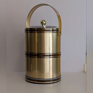 Vtg SIGNED Ice Bucket w Lid & Handle Mid Century Modern Georges Briard (Gold)